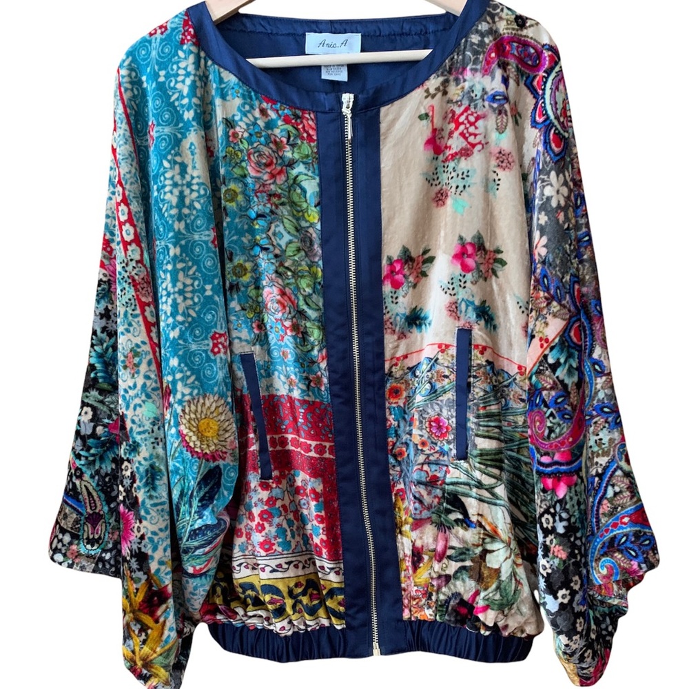 Velvety tapestry bomber jacket zip up lined scoop neck mid weight size XL